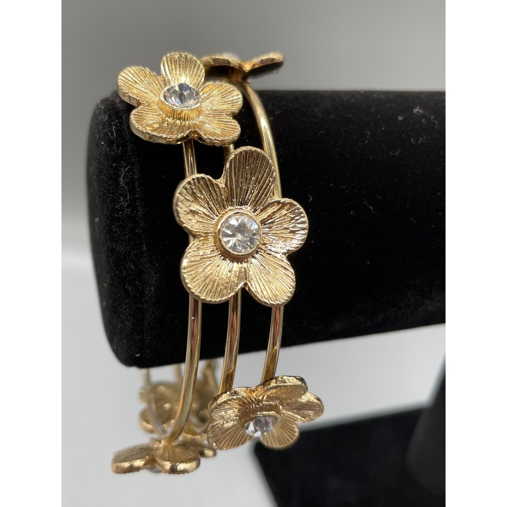 Tasha Gold Tone Rhinestone Flower Bangle Bracelet Set of 3 Floral Stackable